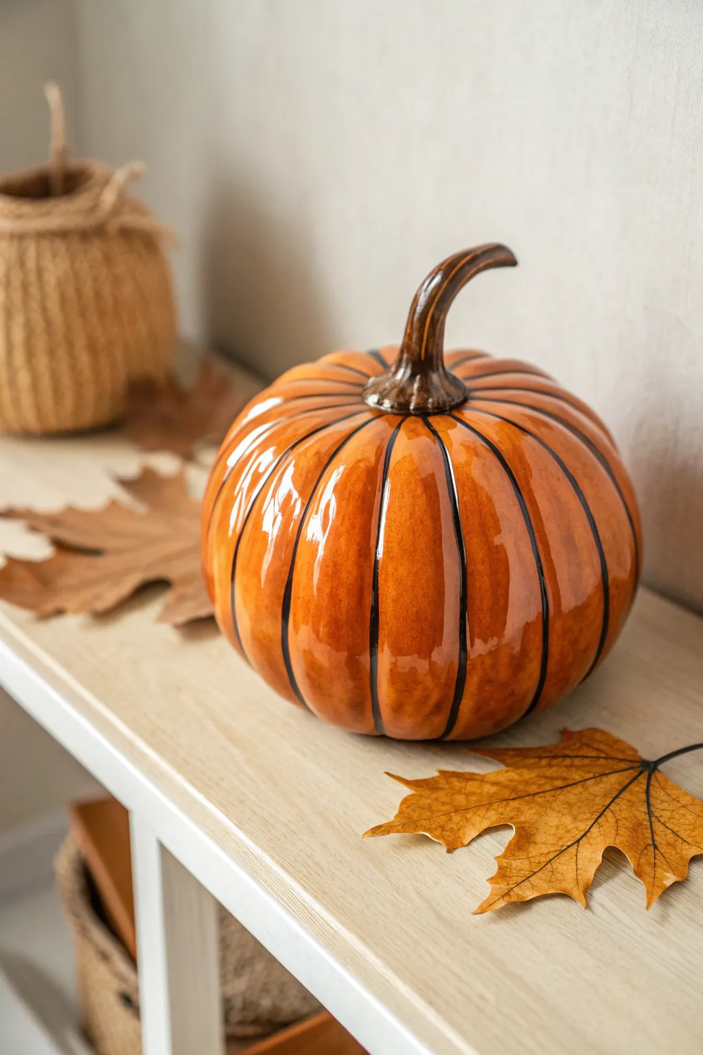 Classic orange ceramic pumpkin with realistic shaded grooves and a natural stem on a calm shelf