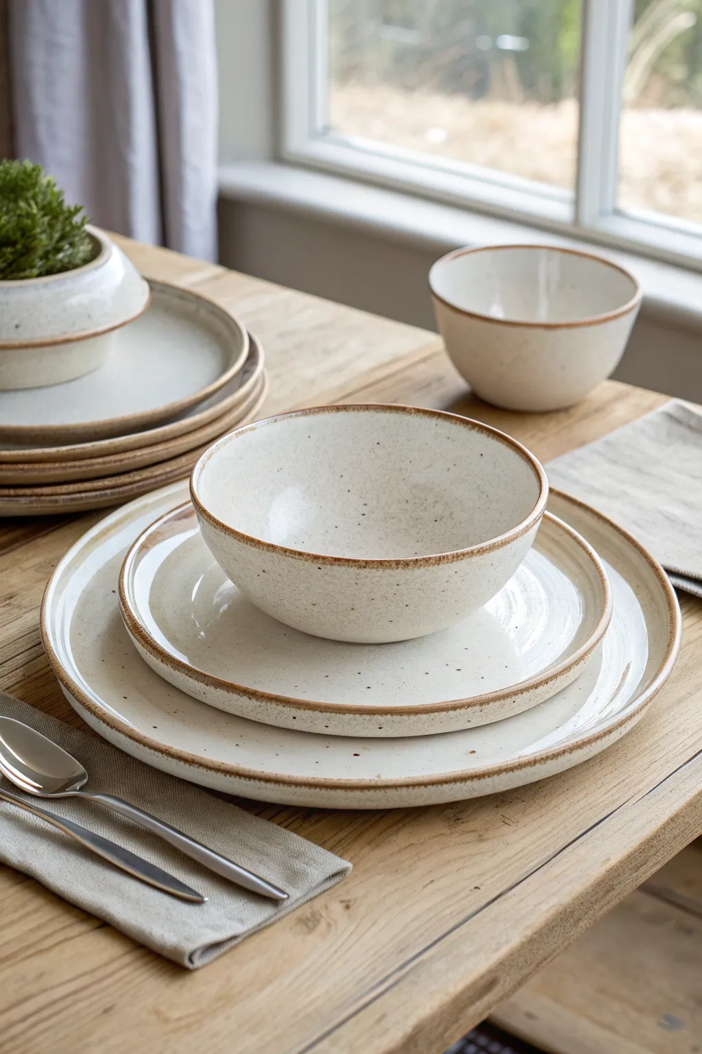 A calm, cohesive starter set: plate, side plate, and bowl in matching speckled glaze