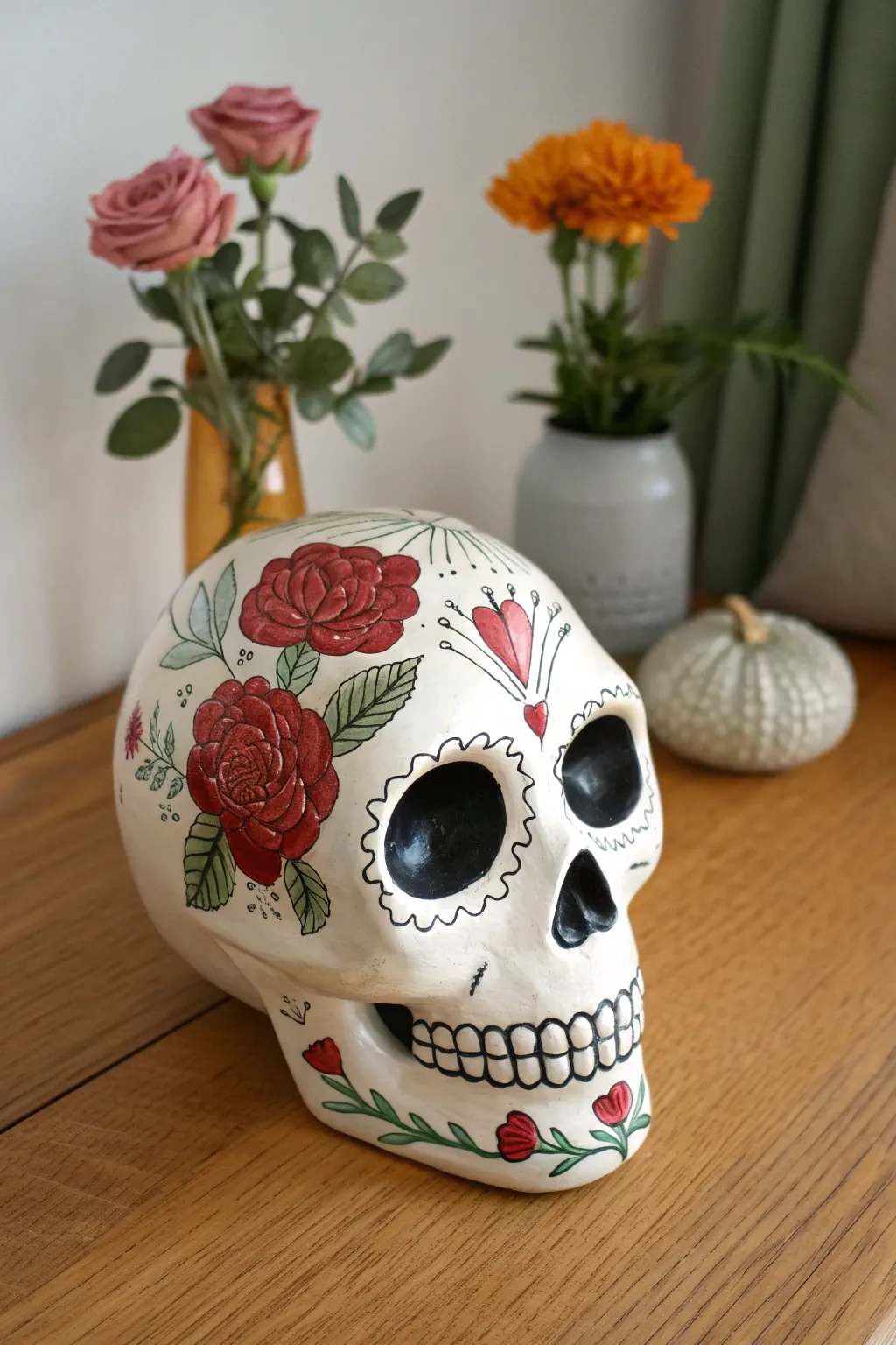 Classic floral sugar skull with rosy forehead blooms, simple cheek petals, Scandinavian-boho styling.