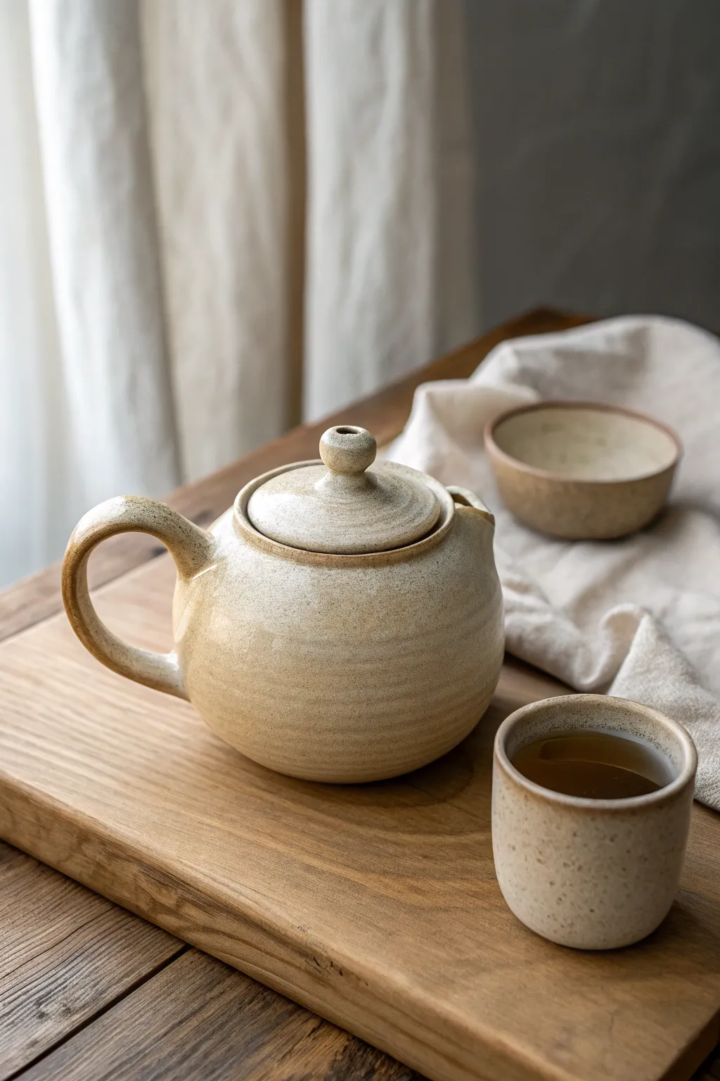 Classic round-belly ceramic teapot in warm neutrals, minimalist styling with a cozy boho feel.