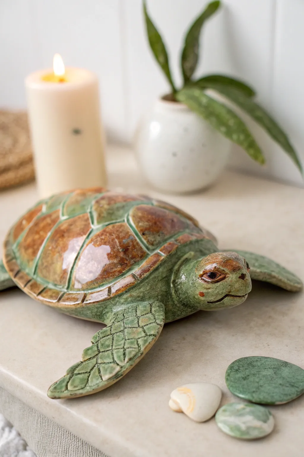 Classic realistic sea turtle figurine in soft greens and browns, simple, natural, and refined