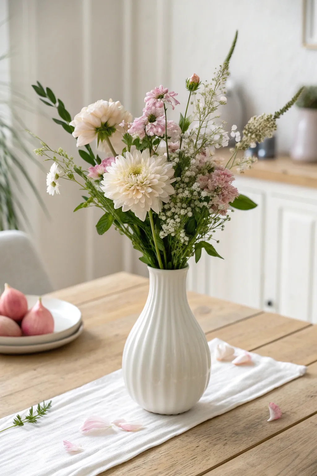 Classic white ceramic vase with loose seasonal blooms, minimalist table styling and soft morning light.