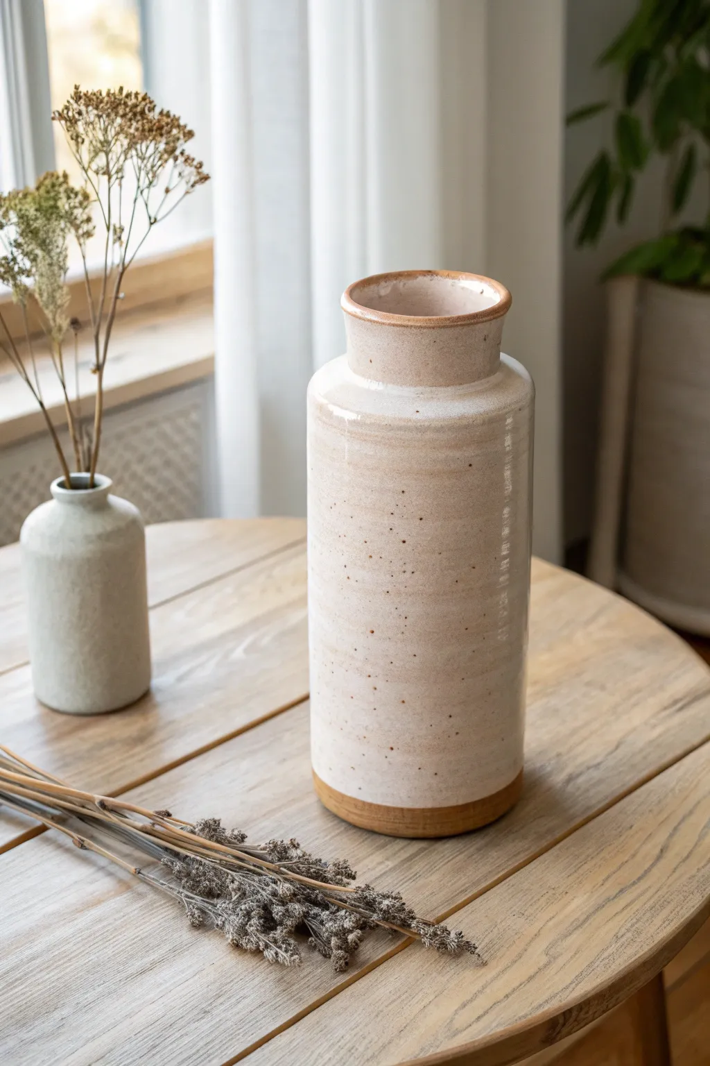 Classic cylinder vase with a crisp rim in a soft neutral glaze, styled with dried stems.