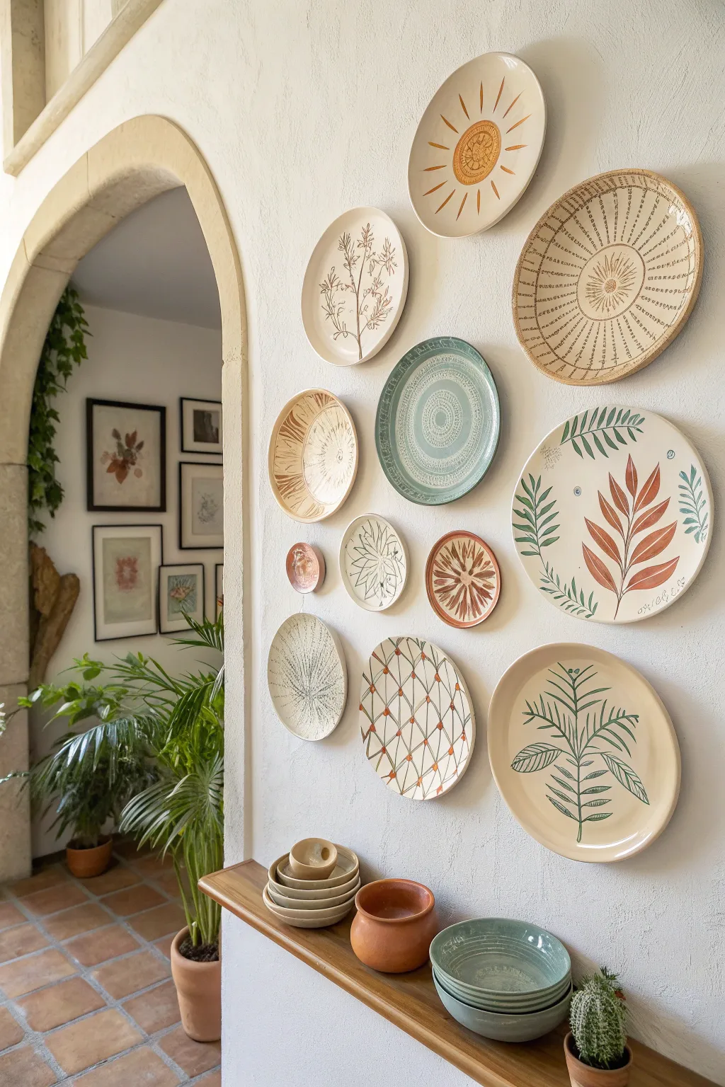 Scandi boho gallery wall of handpainted ceramic plates in earthy pastels, simple and chic