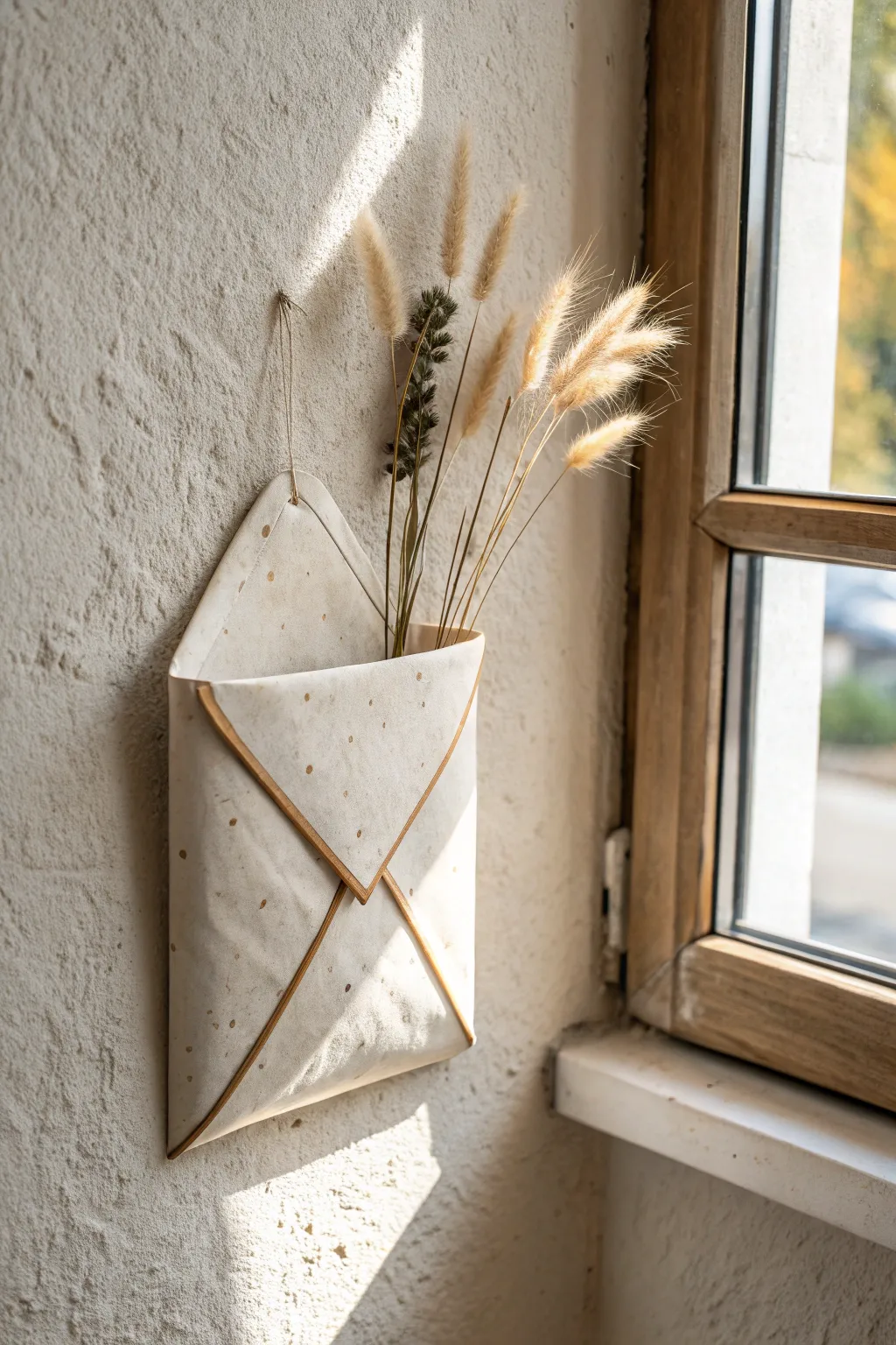 Classic envelope wall pocket in neutral glaze, styling dried stems with calm minimalism.