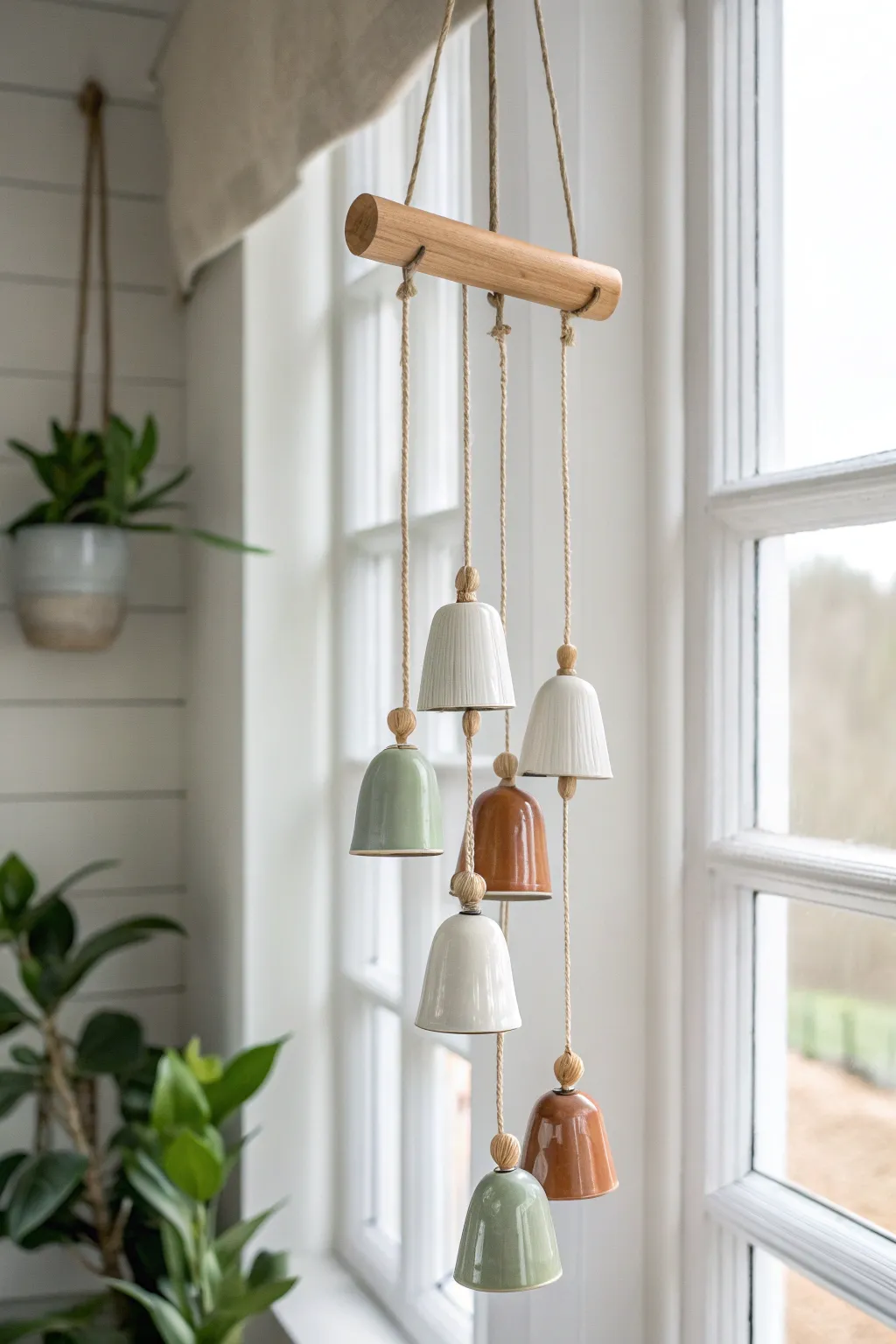 Minimalist ceramic bell-cup wind chime with glazed and raw clay cups in a calm cluster