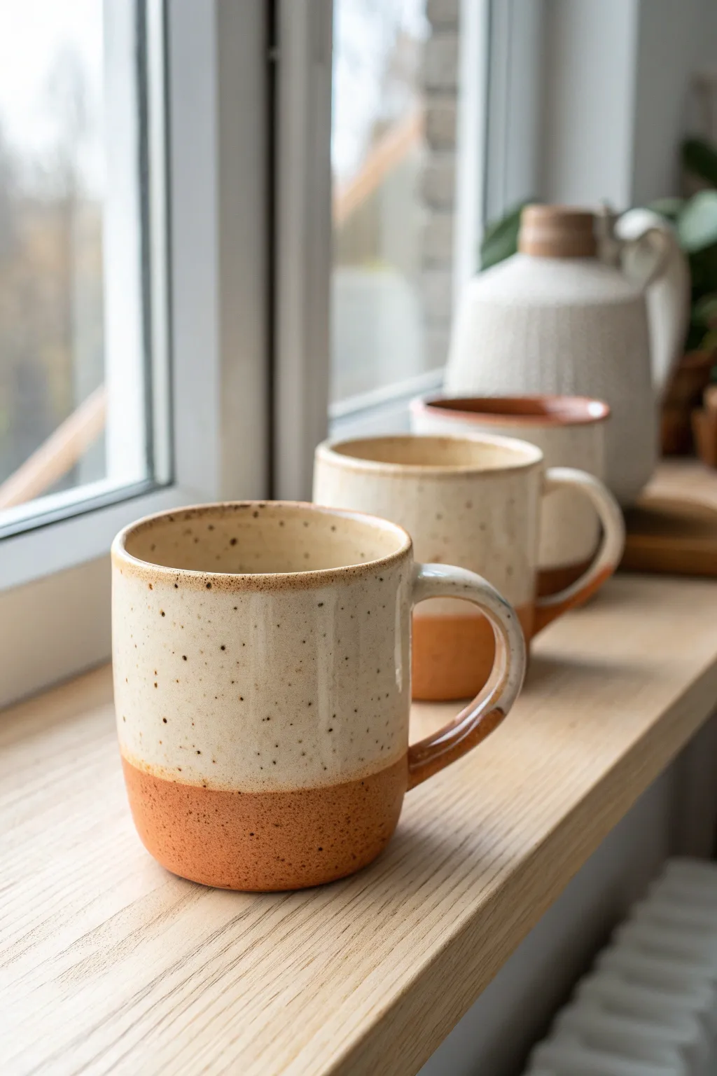 Wheel-thrown mug set with signature handles, cohesive glazes, and a warm minimalist shelf look