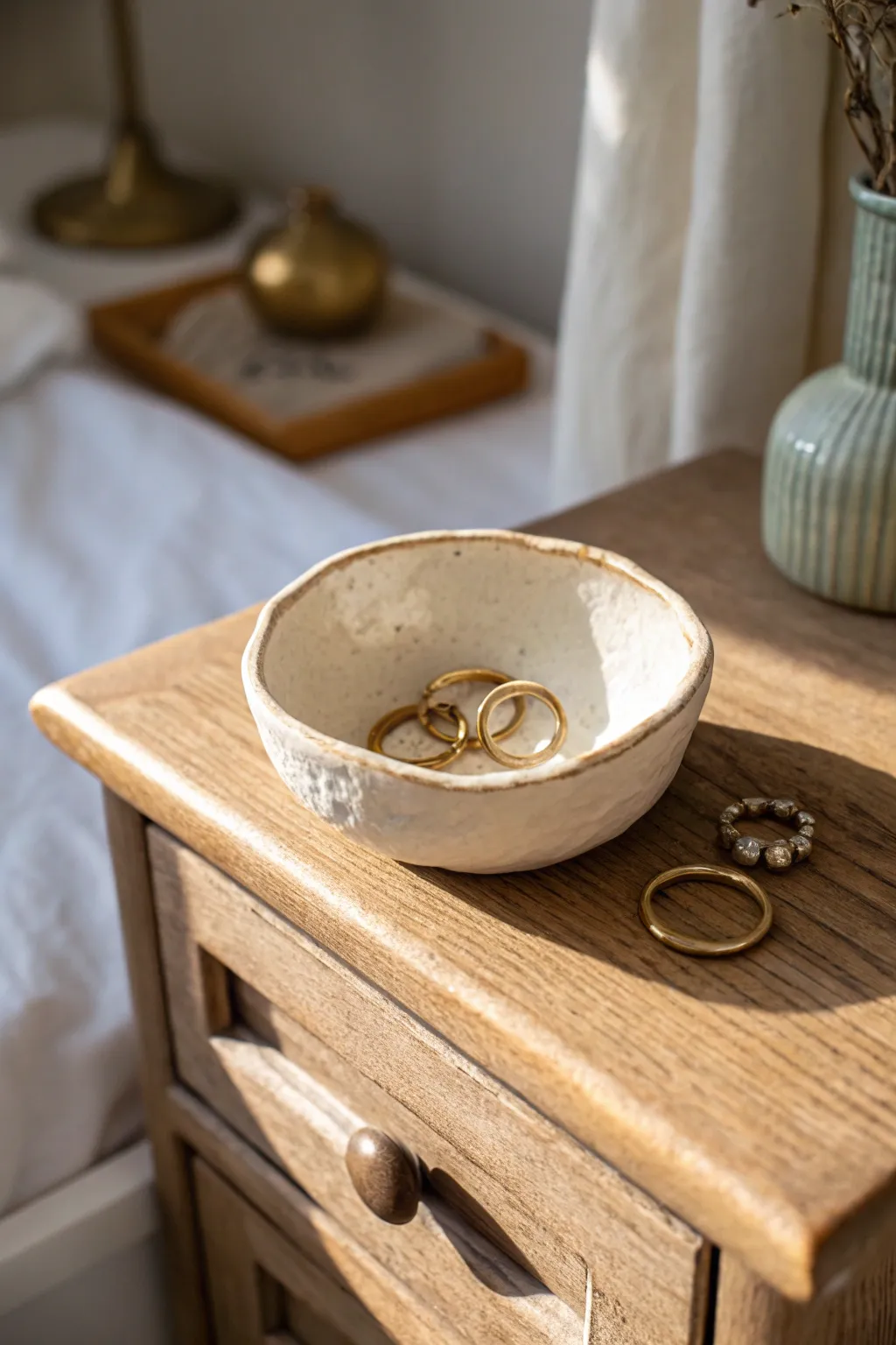 Glossy beginner pinch pot bowl, softly handmade rim, styled as a minimalist jewelry catchall