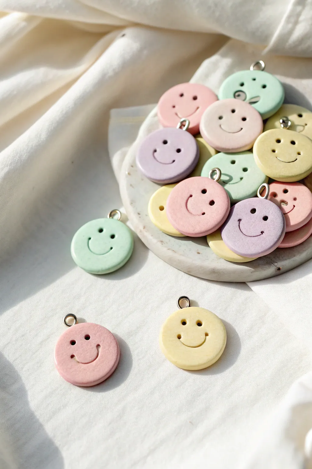 Kawaii smiley clay charm discs in soft pastels, minimalist and sweet for easy DIY inspiration.