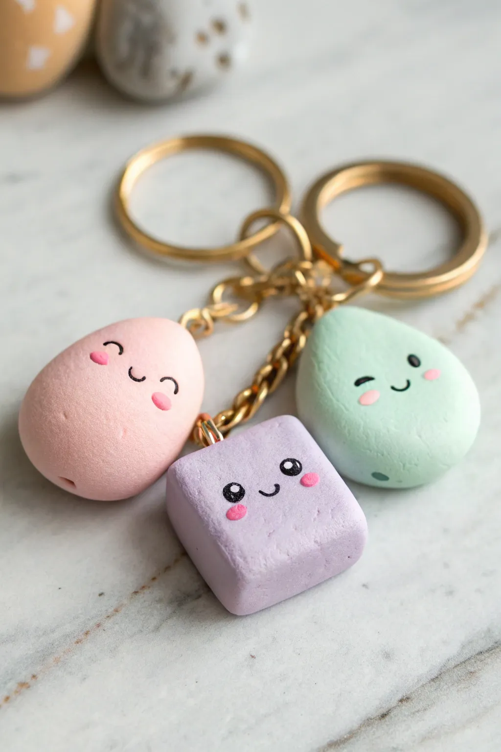 Soft pastel kawaii face clay charms on a gold keyring, minimalist, sweet, and handmade.