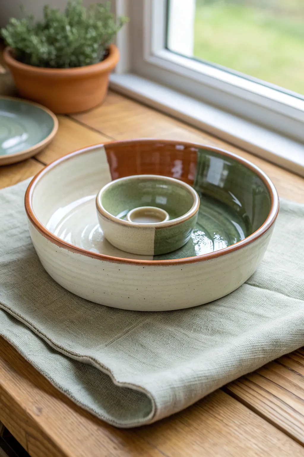 Classic two-tone chip and dip bowl with a bold center dip for effortless, modern contrast.
