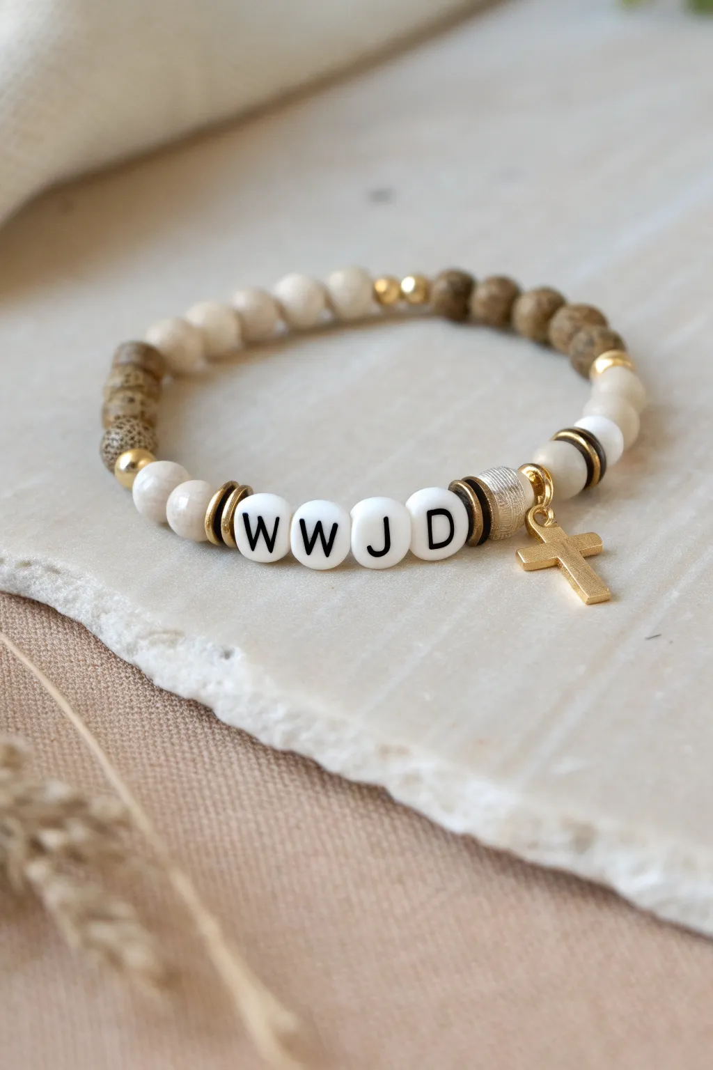 Minimal WWJD heishi bracelet in soft neutrals with a tiny cross charm, simple and timeless.