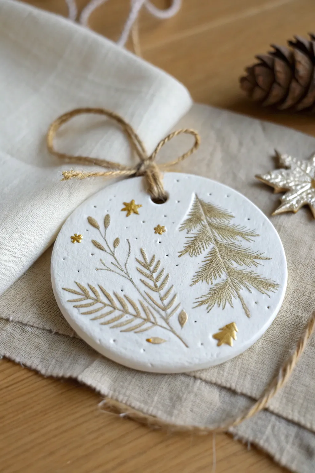 Botanical clay tree ornament with pine imprint, gold accents, and twine for a cozy Scandi look