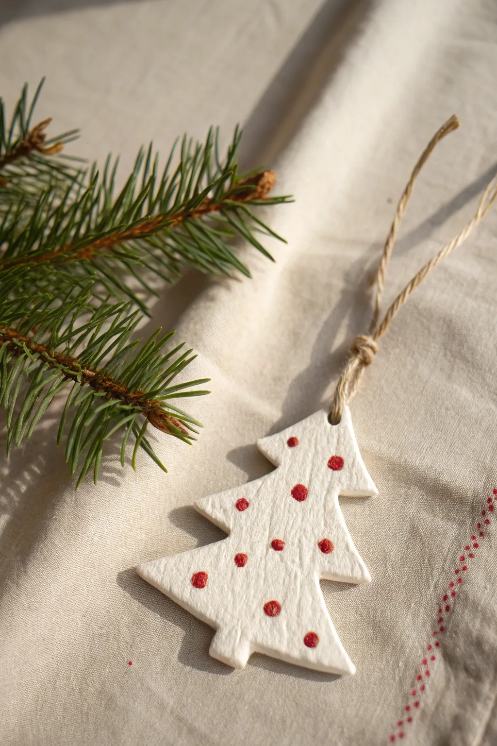 Classic clay cutout tree ornament in white and red, tied with twine for a cozy Christmas.