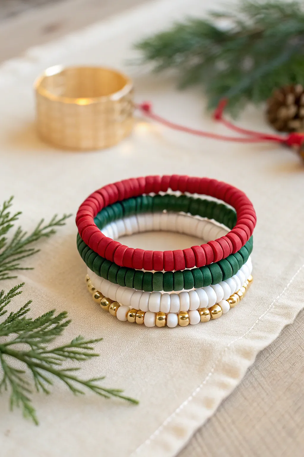 Classic Christmas heishi stack in red, green, white, with gold spacers for simple festive style.