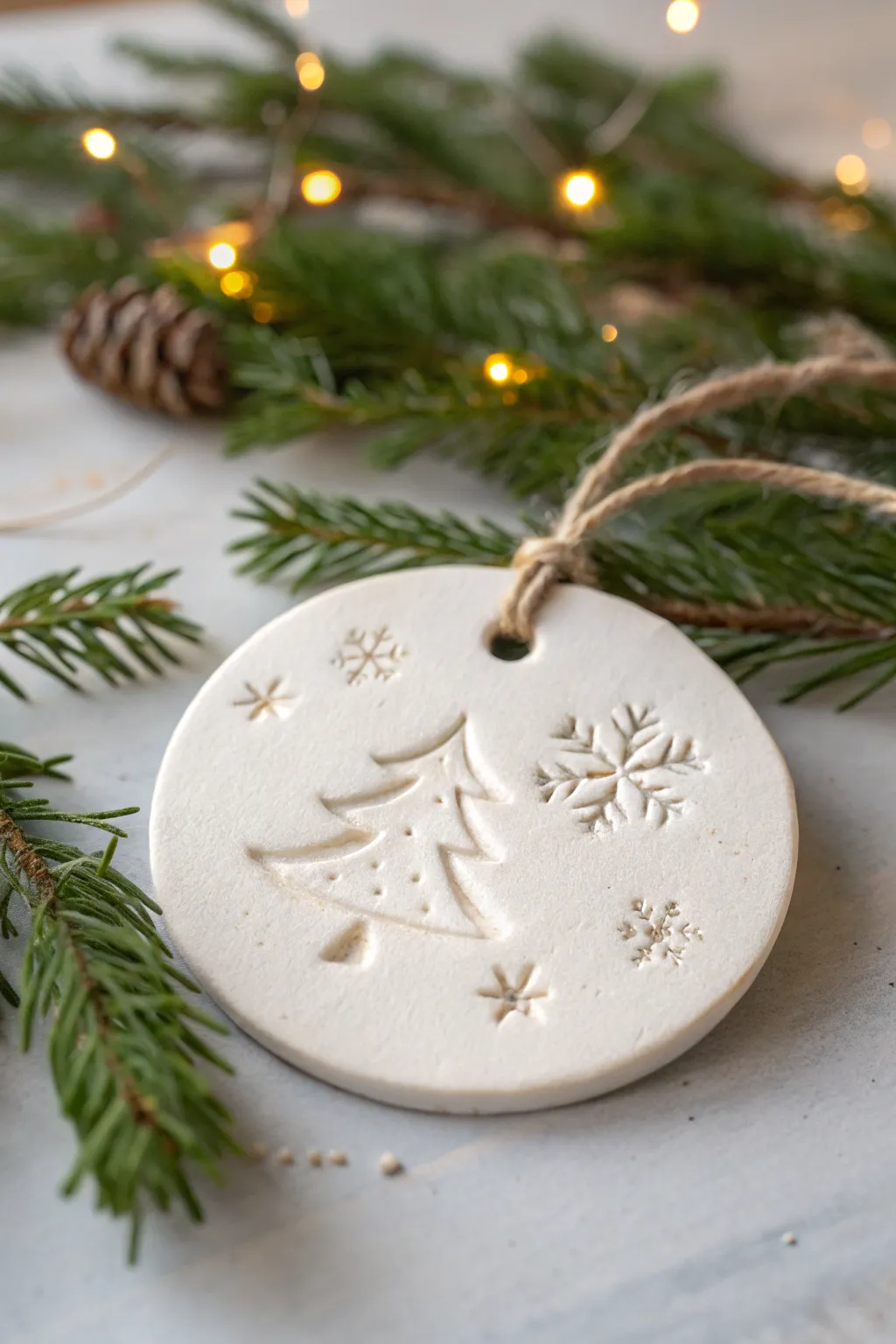 Minimal stamped clay ornament with twine on pine branches, warm light and cozy Nordic calm.