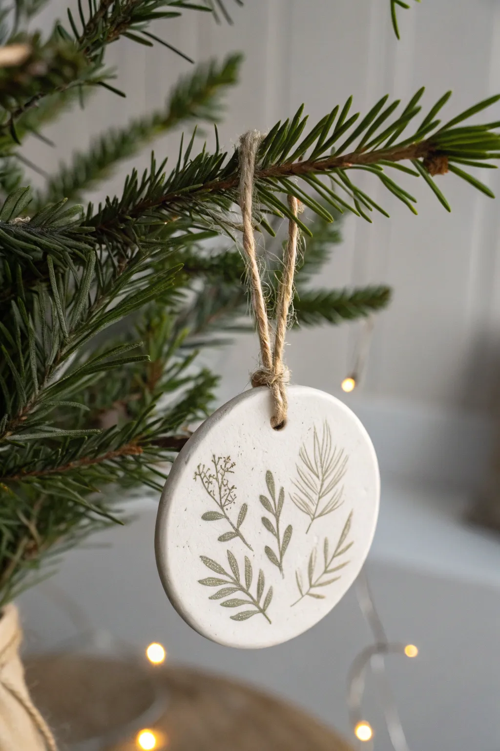 Matte white clay ornament with evergreen imprint, simple twine hanger, soft Scandi holiday mood