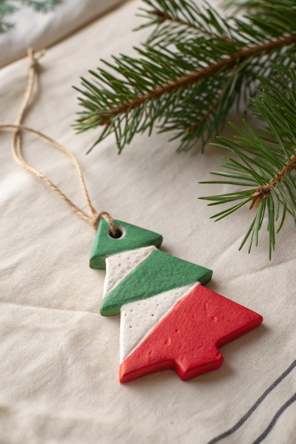 Simple cookie-cutter clay ornament in red, green, and white, hanging from a pine branch