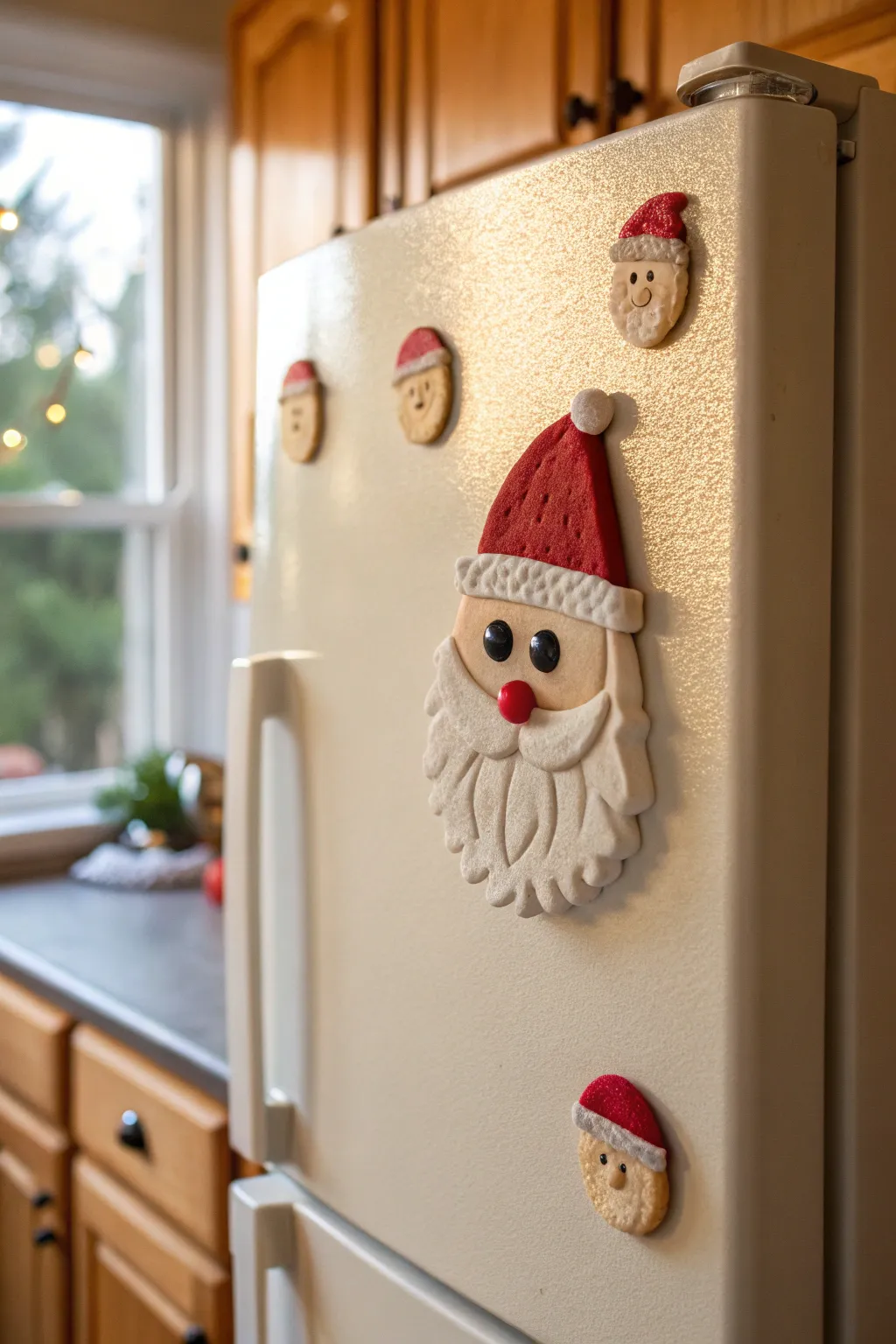 Sweet Santa face clay magnets with rosy cheeks and fluffy beards for festive fridge decor