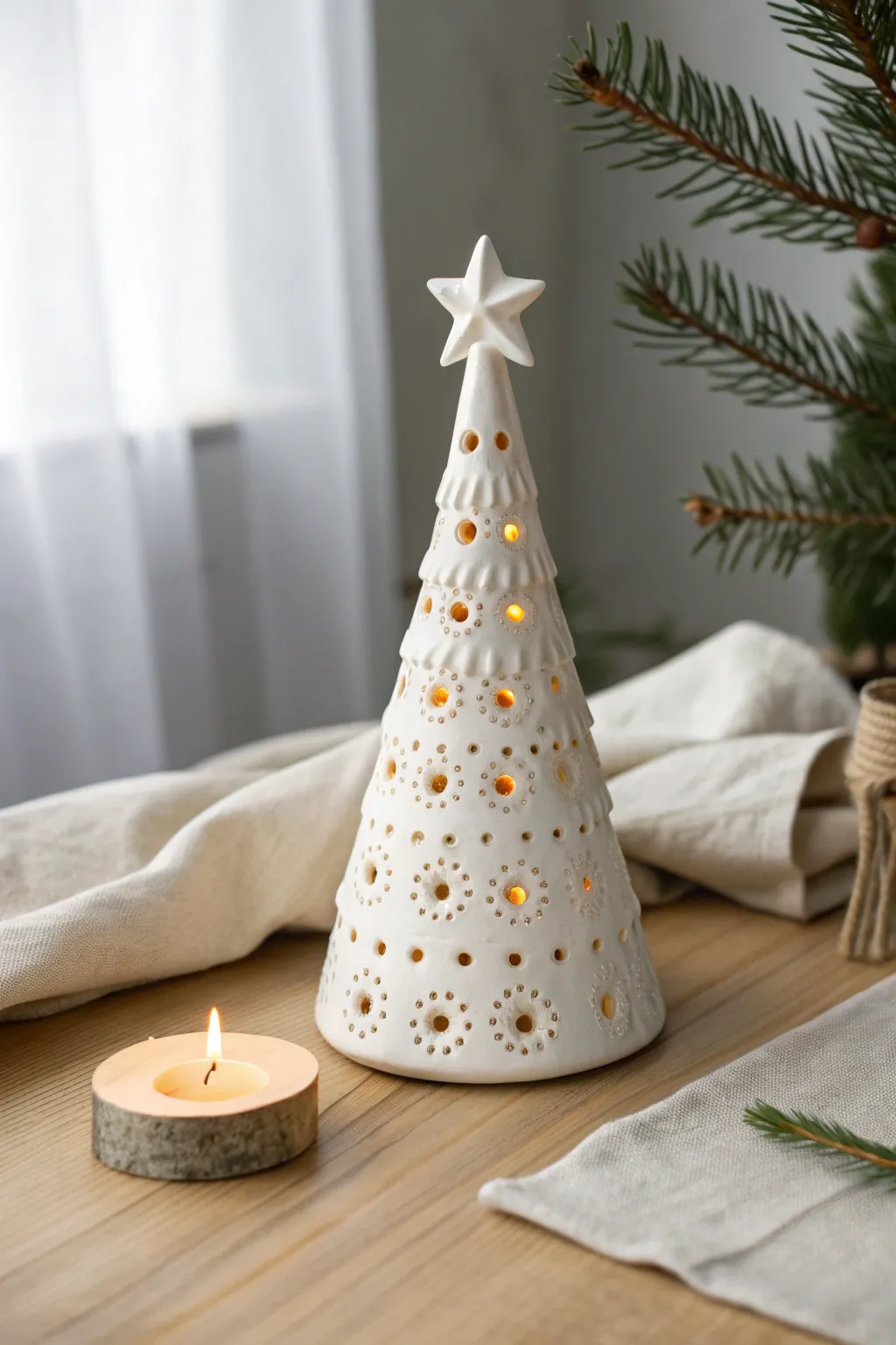 Classic ceramic Christmas tree luminary in snowy glaze, glowing softly on a cozy winter table.