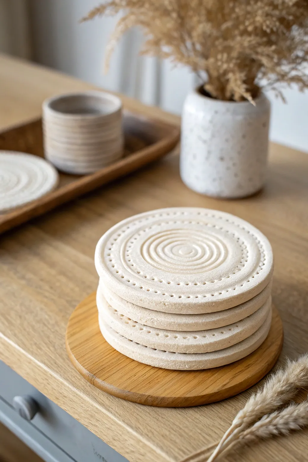 Classic round clay coasters in soft neutrals, stacked neatly with subtle handmade textures