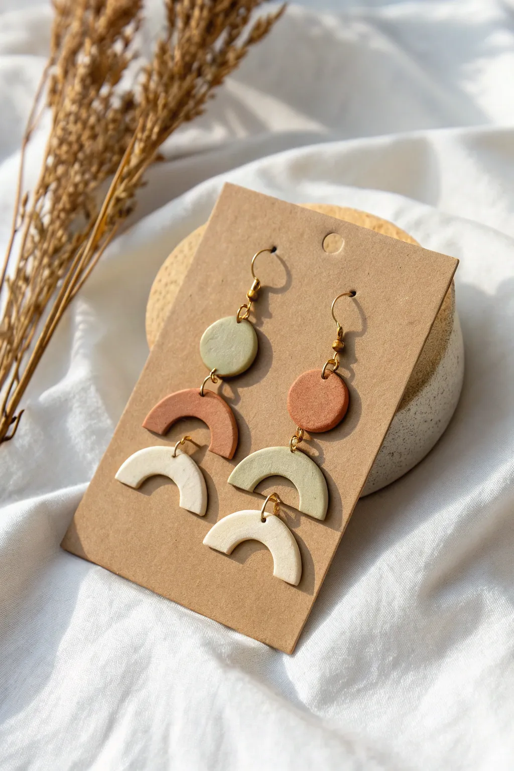 Modern geometric polymer clay drop earring in terracotta, cream and sage for minimalist style.