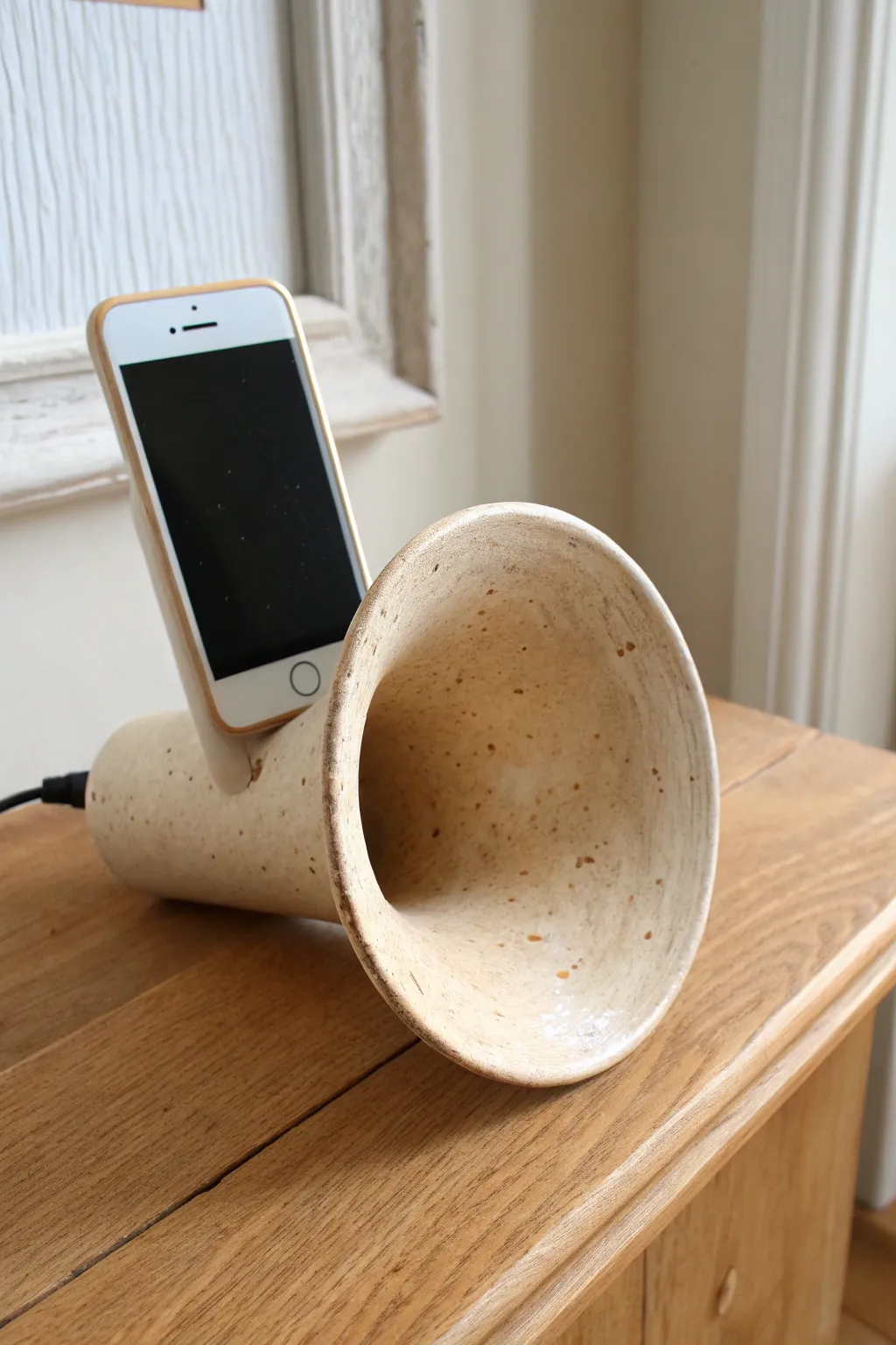 Classic flared ceramic horn dock that boosts sound naturally with clean minimalist style