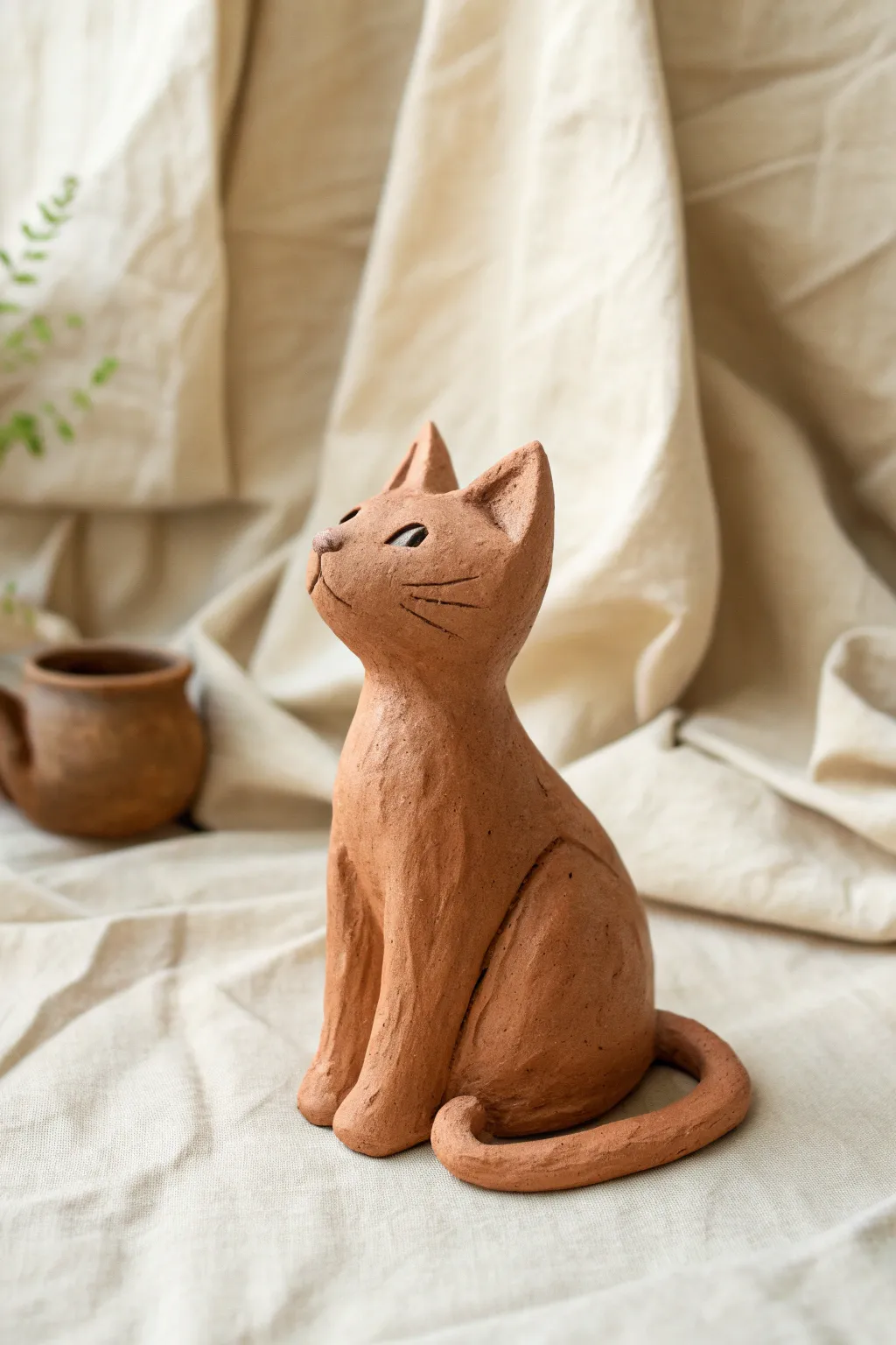 Minimal clay cat figurine in warm earthy tone, a sweet beginner-friendly sculpture idea.