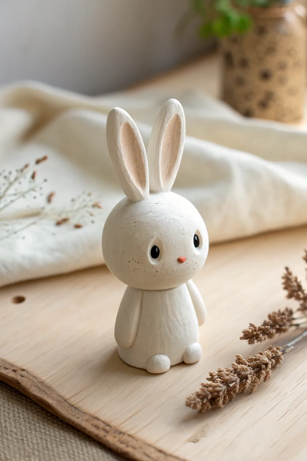 Classic chibi clay bunny in matte white, teardrop ears and minimalist charm for easy DIY.