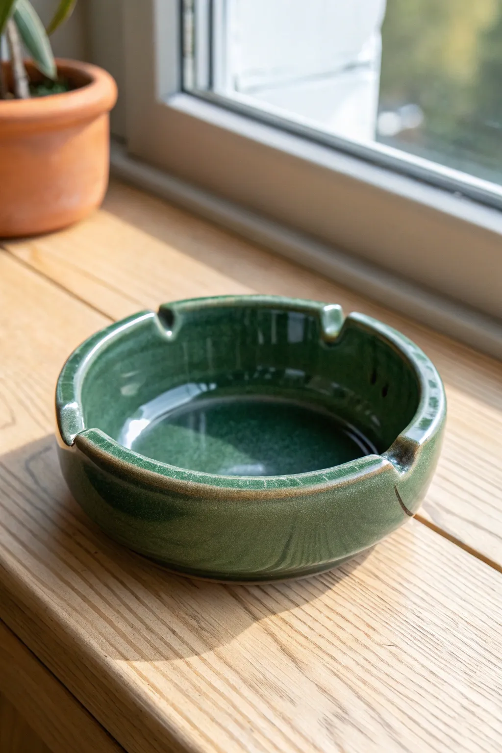 Minimal pinch-pot ashtray with clean rim notches and a glossy finish, perfect for beginners.