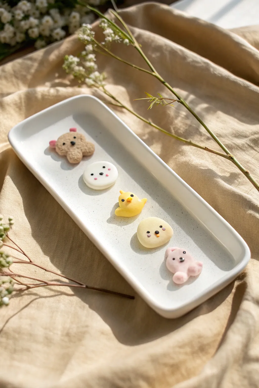 Tiny polymer clay animal charms on a white tray, minimalist Scandinavian-boho and full of charm.