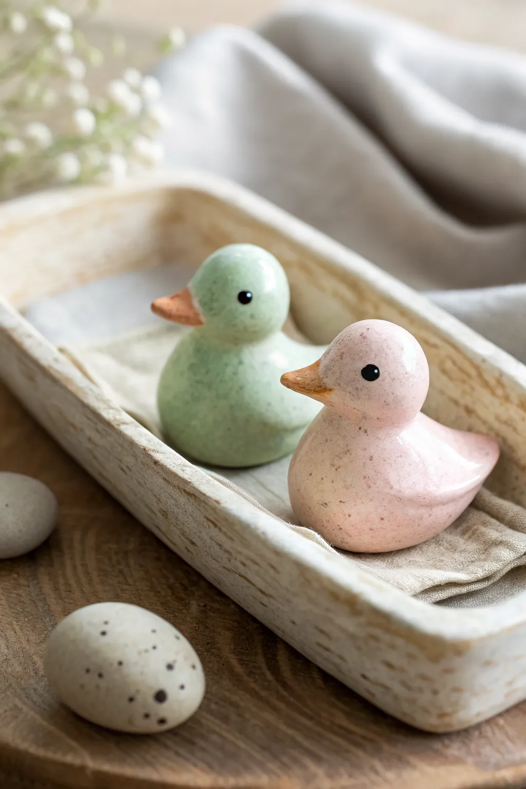 Mini matching clay figurines on a simple tray, a sweet his and hers clay date-night keepsake.