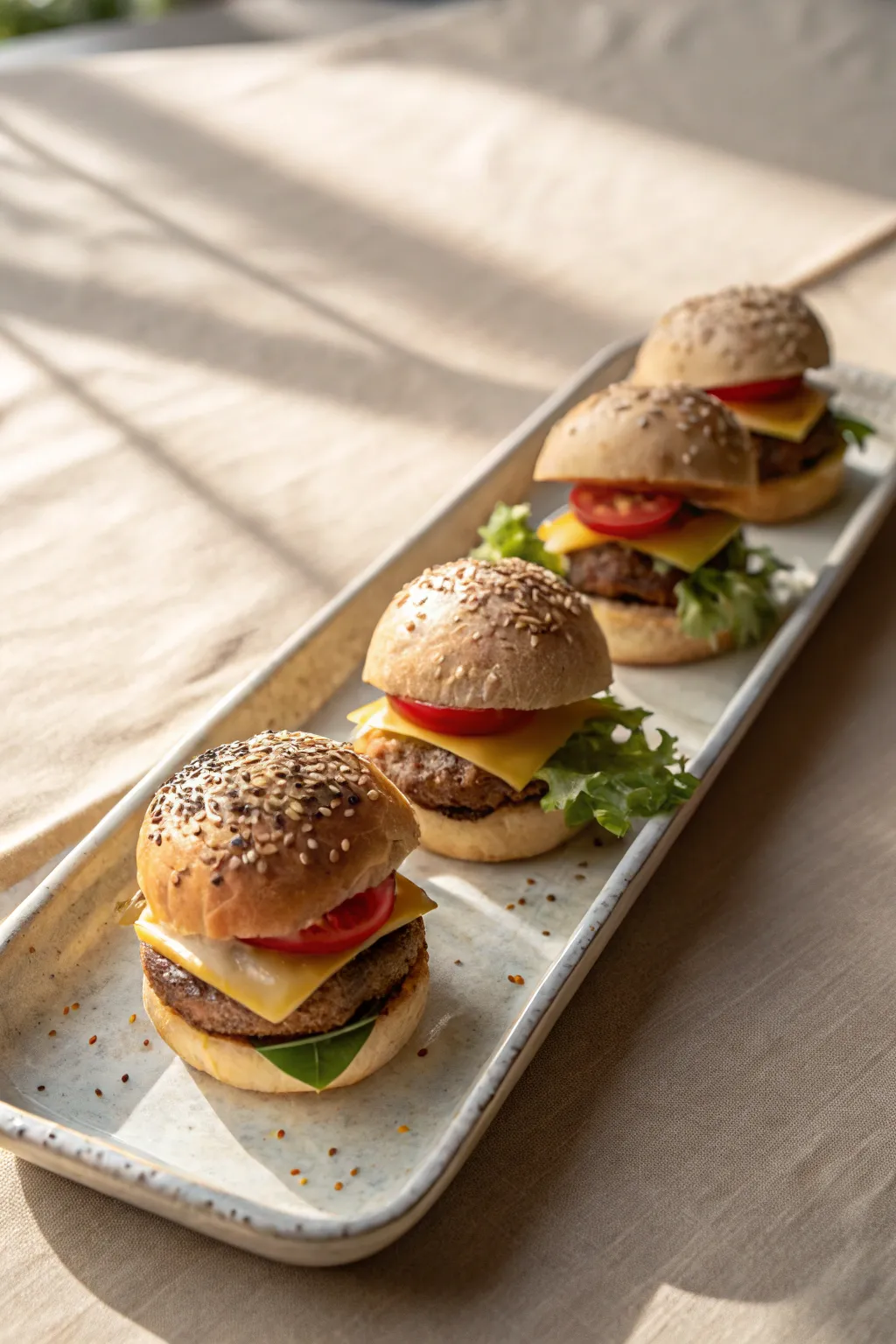 Mini clay burgers lined up with vibrant layered toppings for a simple, craft-forward food art look.