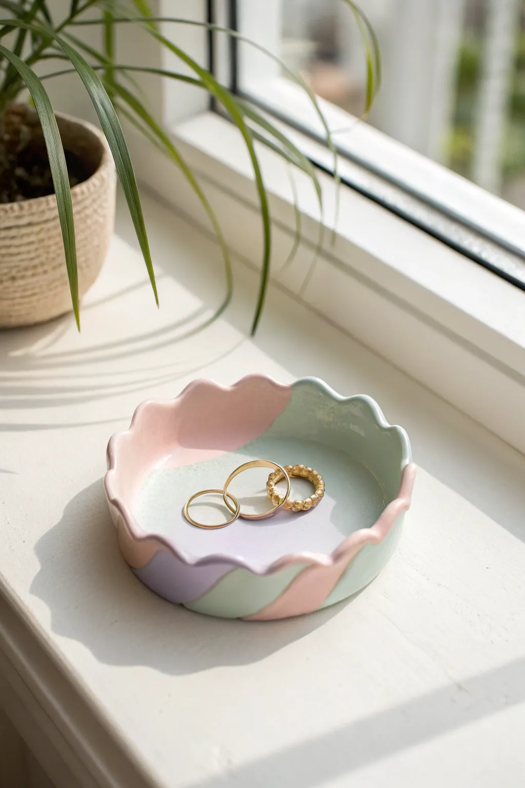 Pastel wavy trinket dish with soft curves, styled simply with a few rings for calm beauty.