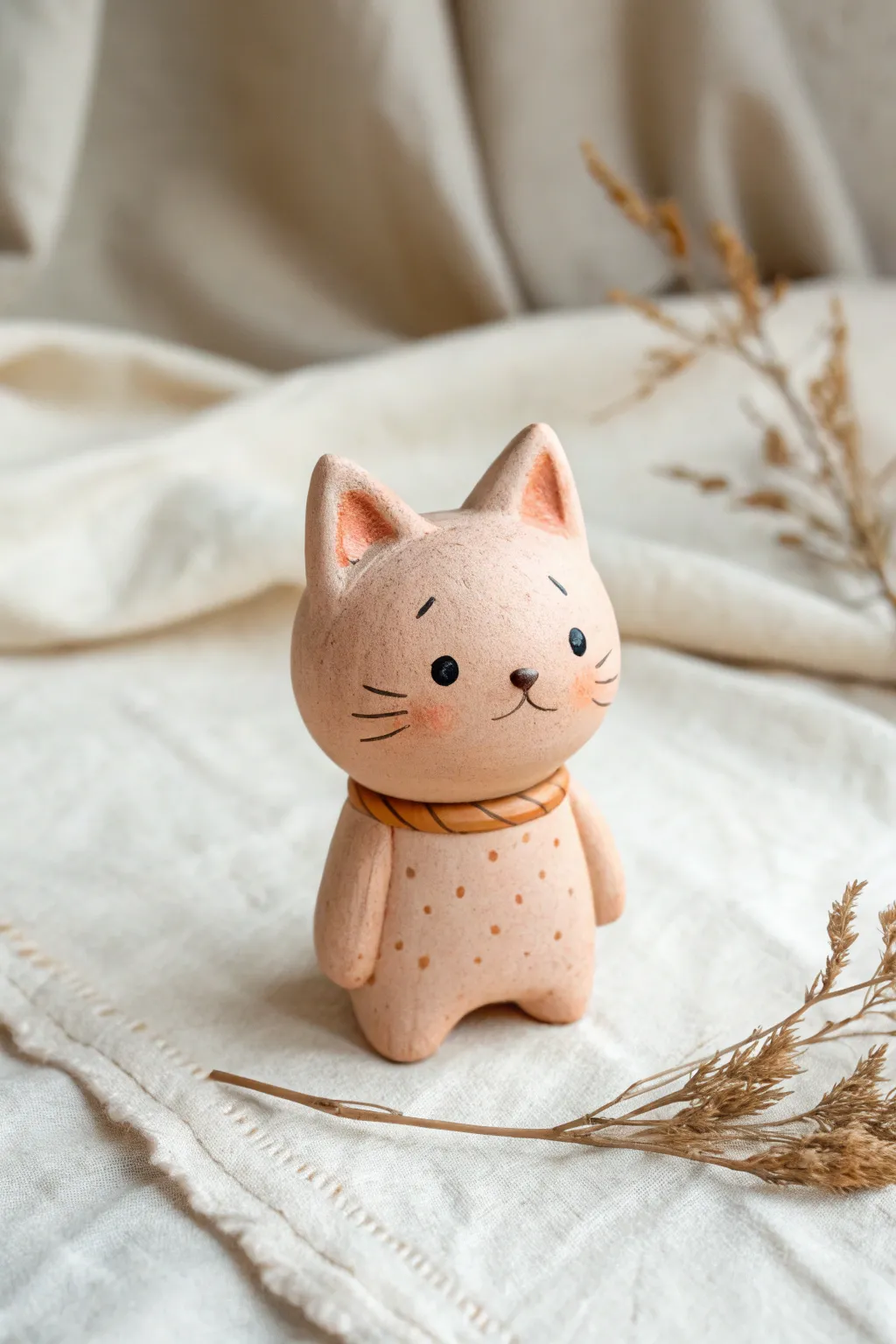 Chibi cat figurine inspo: simple matte clay shapes, cute minimal faces, cozy Scandi boho vibe