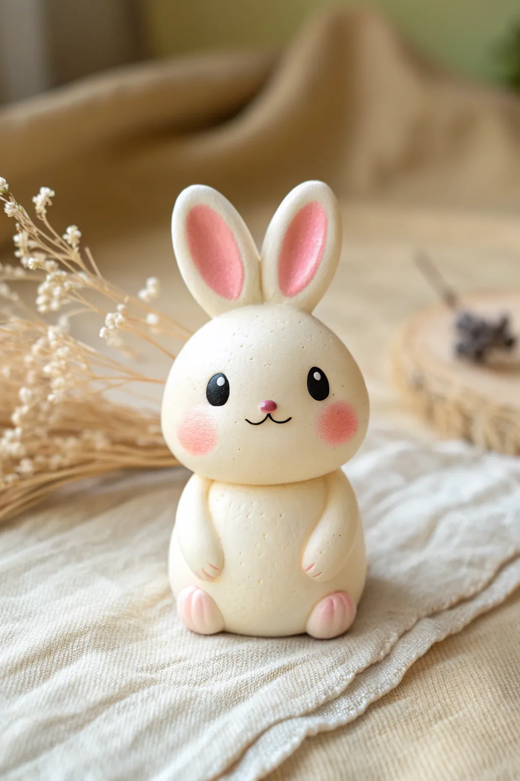 Chubby pastel kawaii bunny figurine with blush cheeks, minimal details, and cozy neutral styling