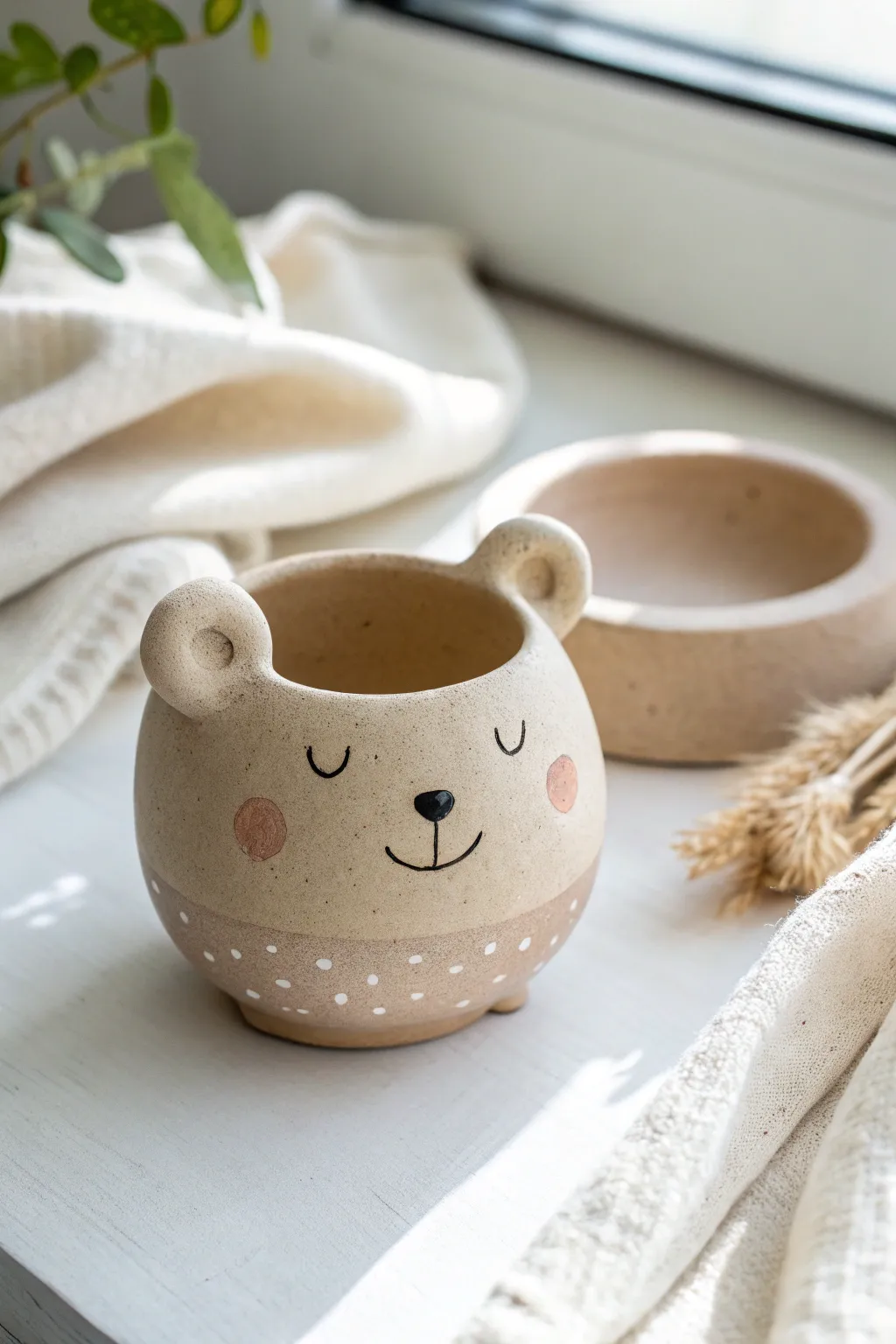 Cute pinch pot bear friend with simple smile and soft earthy paint, easy clay art for kids.