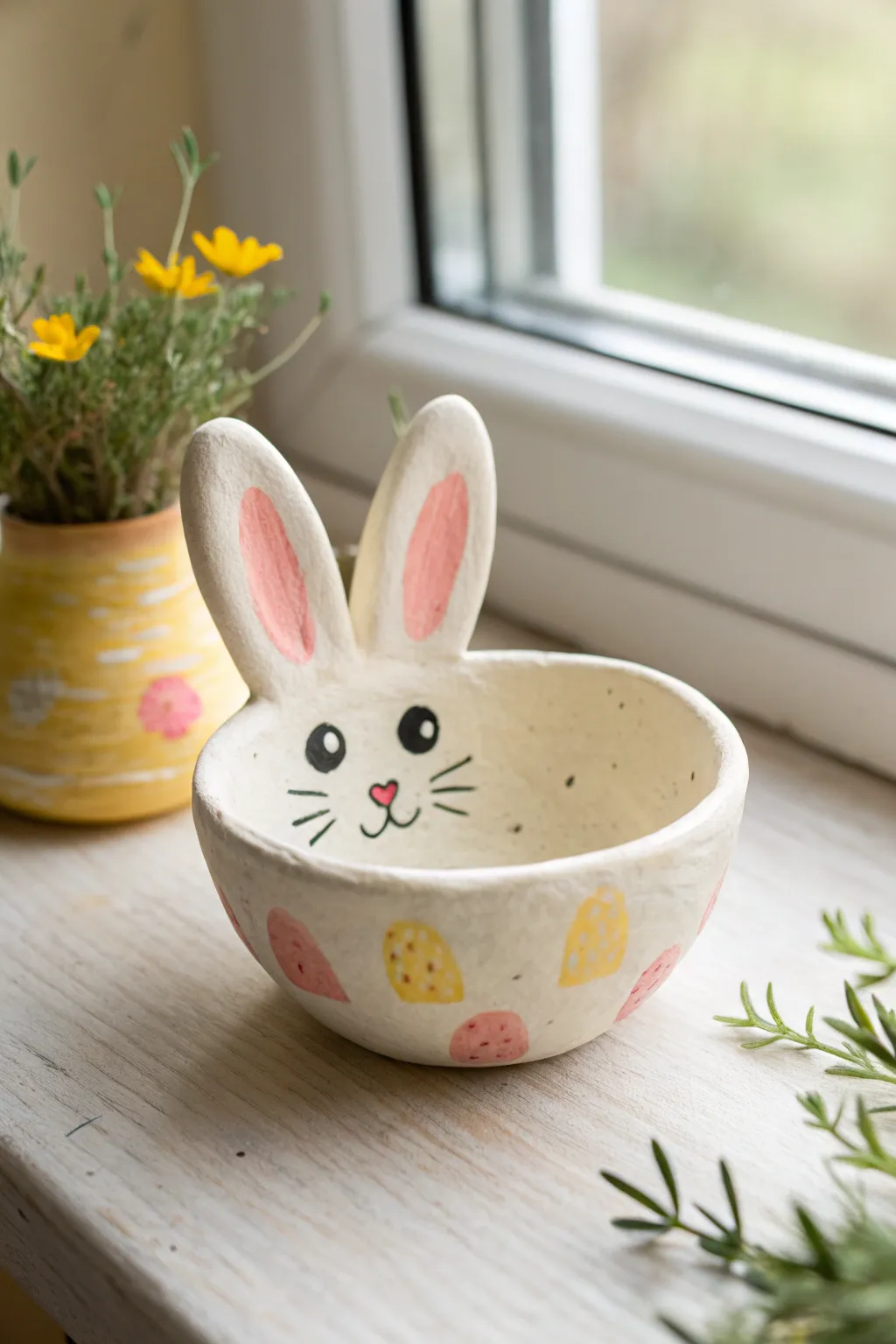Adorable air-dry clay bunny pinch pot with bright kid-friendly paint and simple, cute details.