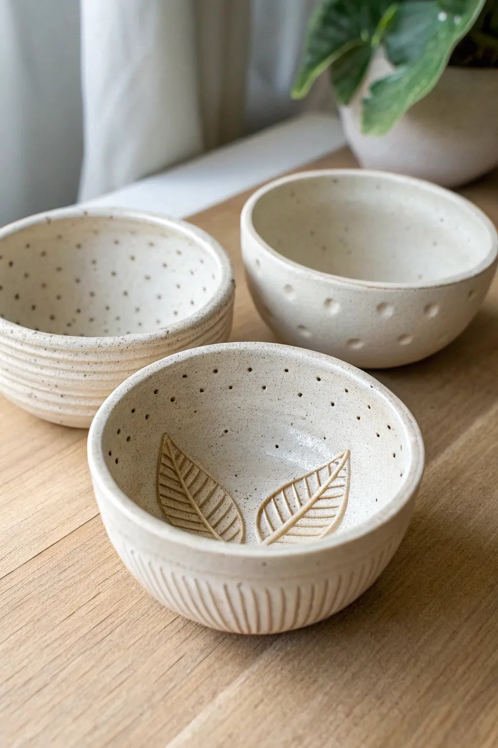 Three textured pinch pot bowls in soft light, simple patterns that feel calm and handmade