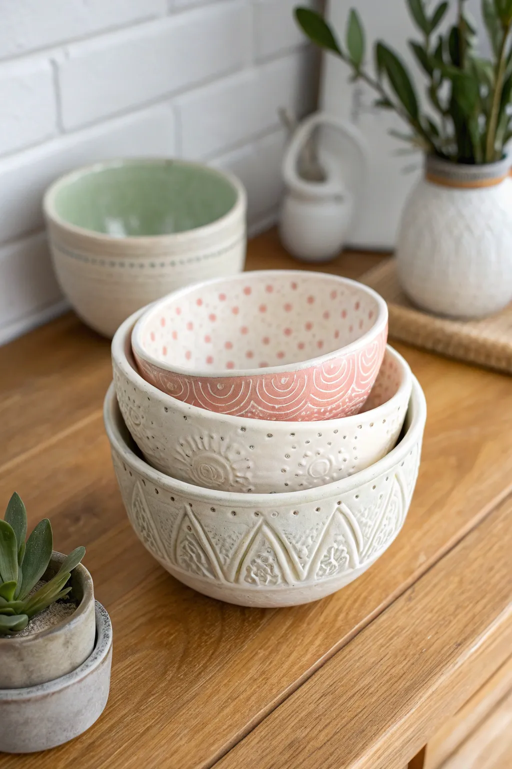 Simple textured pinch pot bowl trio in soft pastels, Scandinavian minimal style with boho warmth
