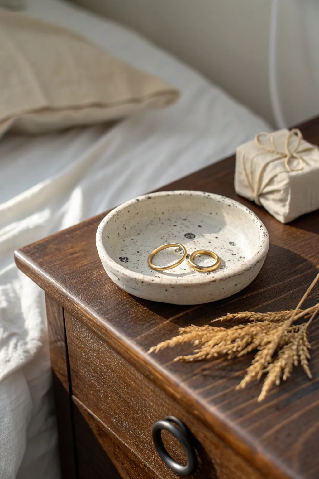 Speckled clay trinket dish in soft neutrals, perfect for rings and pins by the bedside.