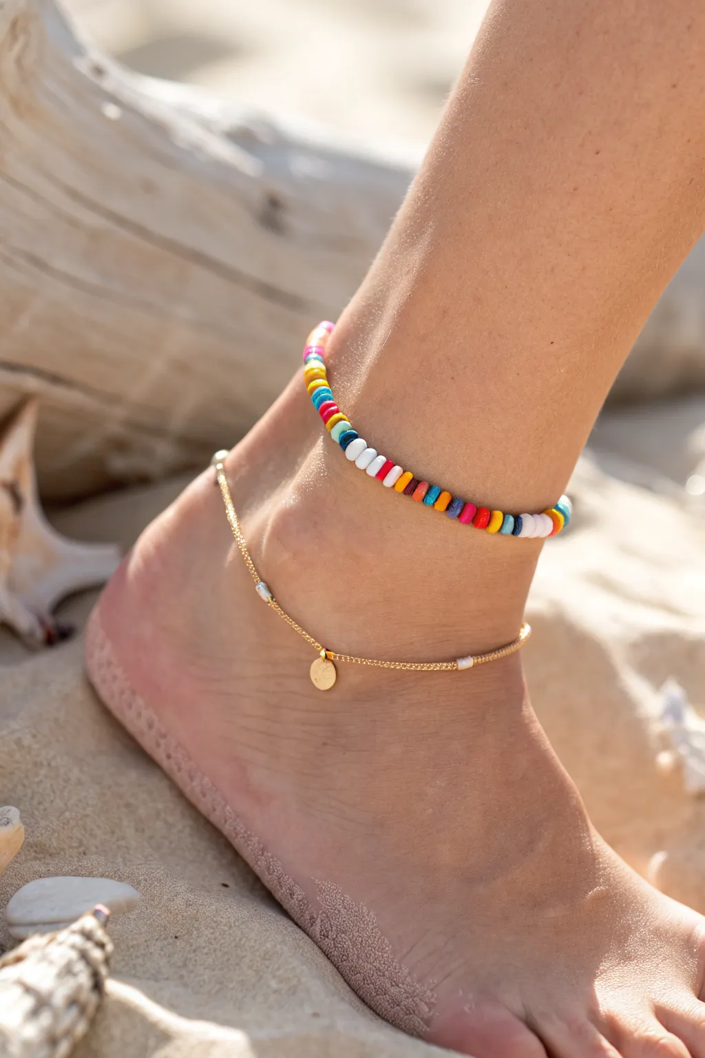 Classic rainbow heishi anklet in sunny natural light for an easy, timeless summer look