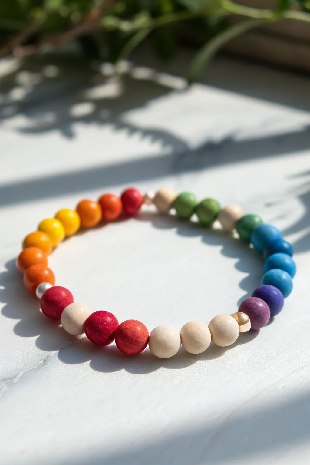 Classic rainbow-order clay bead bracelet on bright white for crisp, cheerful color contrast