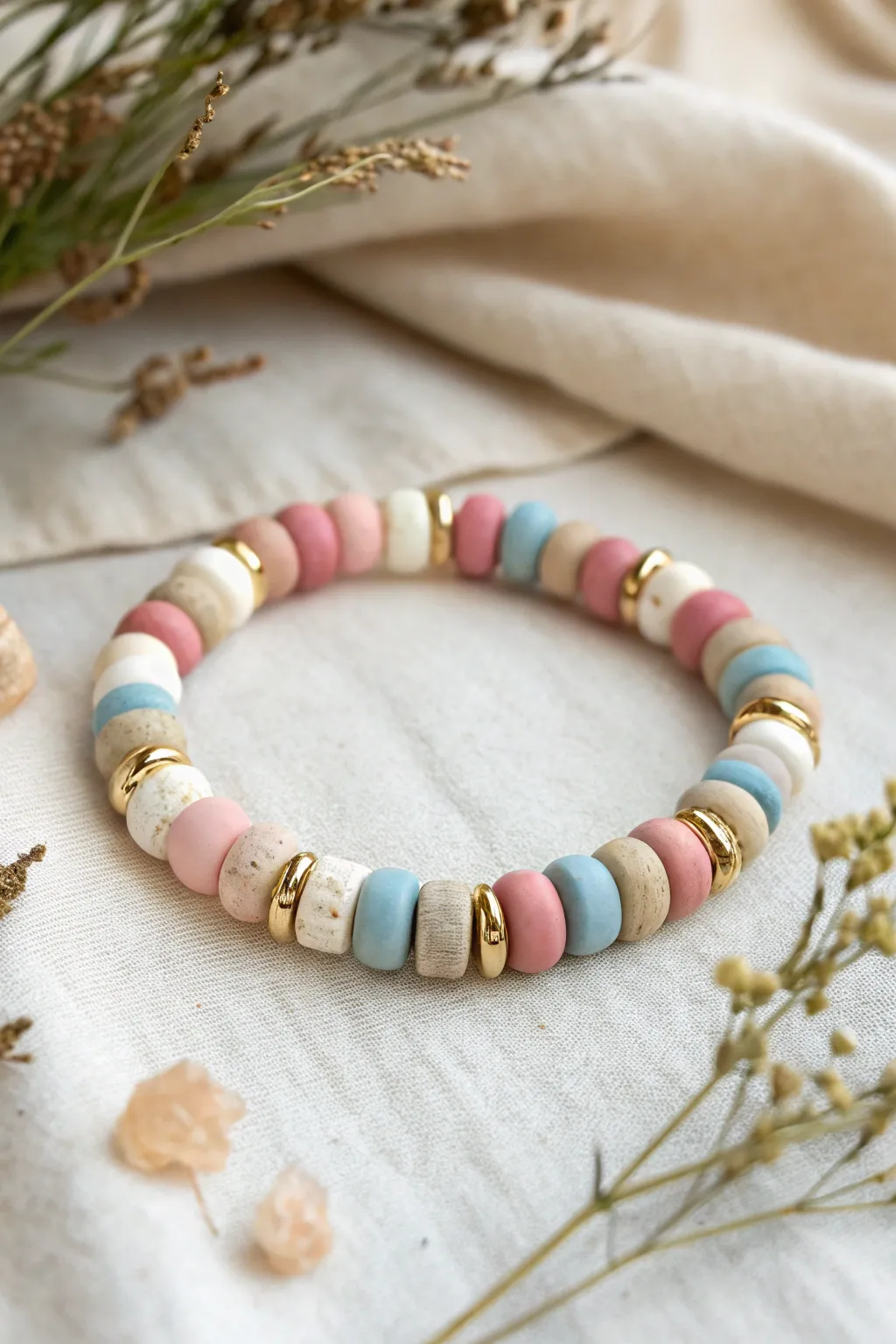 Classic color-block clay bead bracelet with tiny spacers for a clean, modern handmade look