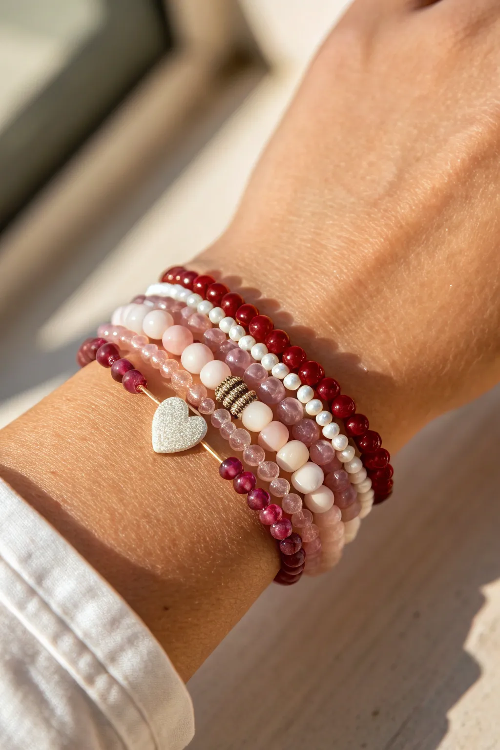 Valentine ombre heart bracelet stack: deep red to blush to white heishi beads, handmade charm.