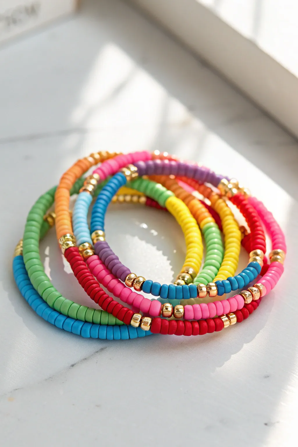 Preppy rainbow heishi bracelet stack with shiny gold spacers, crisp light and clean white backdrop