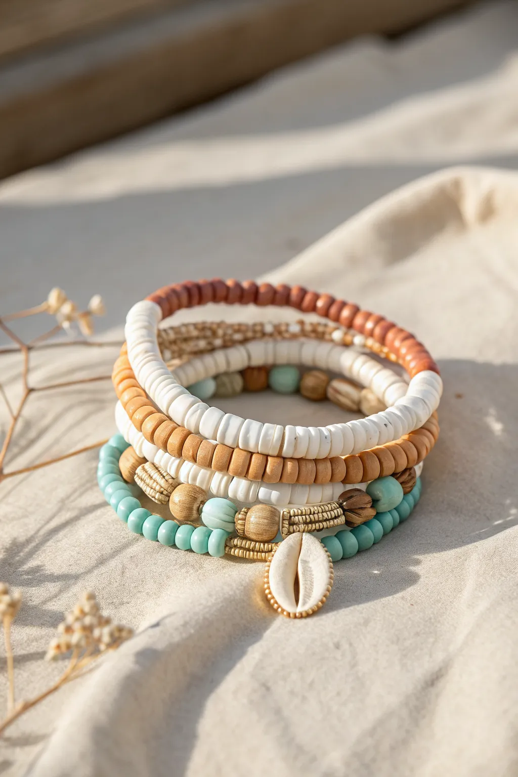 Classic cowrie heishi stack in summer tones, minimal beach vibes with handcrafted clay beads.