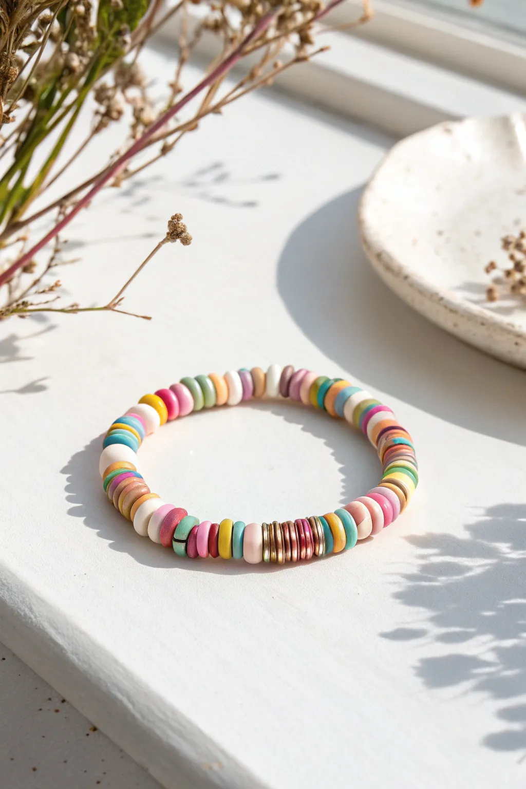 Classic confetti clay heishi bracelet on white, vibrant colors with clean minimalist contrast.