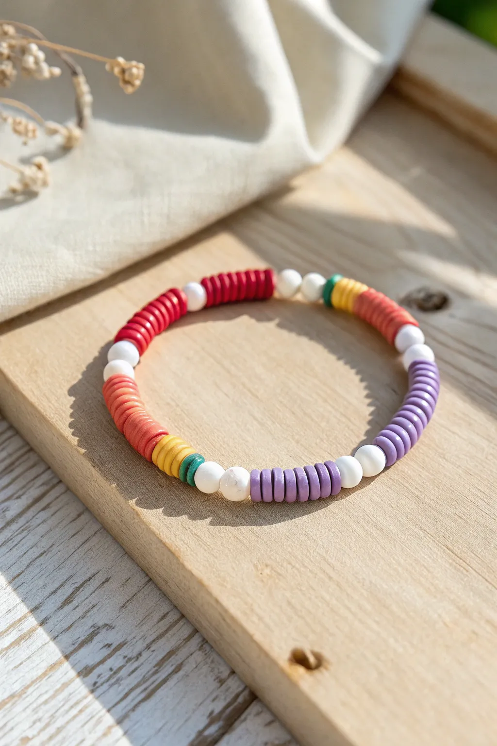 Classic rainbow heishi bracelet with airy white spacers, minimalist and bright for everyday wear