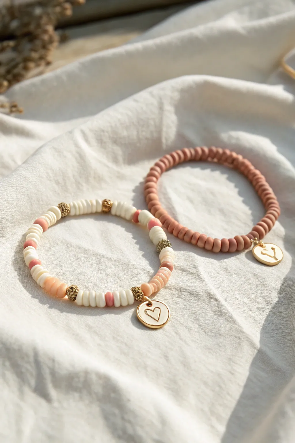 Matching clay heishi bracelets with initials and a tiny heart spacer, minimal and romantic for two.